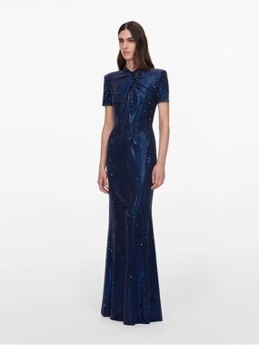 Self Portrait Navy Rhinestone Mesh Twist Maxi Dress